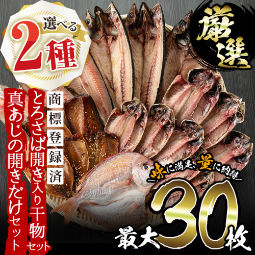 No.203 ＜2種から選べる！＞旬の厳選！干物詰合せ(計24枚)と真あじ開き(30枚) 干物 あじ アジ トロサバ 鯛 セット 詰め合わせ ひもの 魚 魚介 魚介類 開き 数量限定【みのだ食品】 1043848 - 鹿児島県日置市