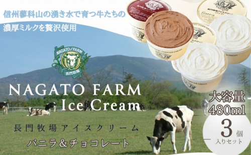 長門牧場アイスクリーム 480ml 3個セット バニラ チョコレート スイーツ 107969 - 長野県長和町
