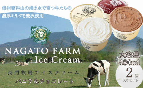 長門牧場アイスクリーム 480ml 2個セット バニラ チョコレート スイーツ 107970 - 長野県長和町