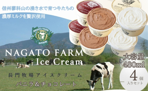 長門牧場アイスクリーム 480ml 4個セット バニラ チョコレート スイーツ 107972 - 長野県長和町