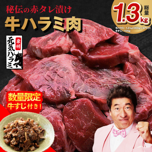 【TVで紹介！】牛ハラミ肉 総量 1.3kg（ハラミ 300g×4P+牛すじ 100g）秘伝の赤タレ漬け【牛肉 焼肉用 焼くだけ はらみ 小分け BBQ やきにく 肉厚 人気 高評価 訳あり サイズ不揃い 家計応援 数量限定】 099H3157 109623 - 大阪府泉佐野市
