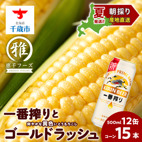 2025年夏発送 キリン一番搾り 500ｍl 12缶＆黄色いとうもろこしゴールドラッシュ15本 113881 - 北海道千歳市