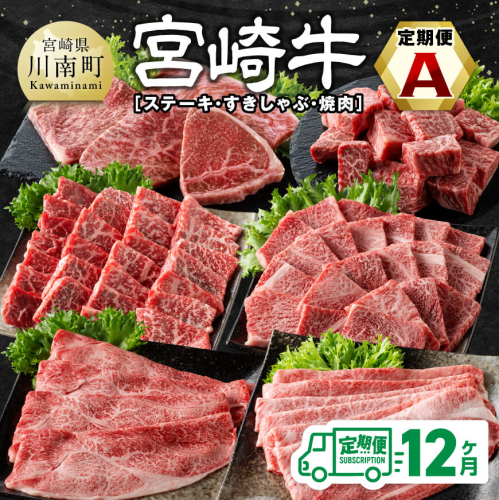 【12ヶ月定期便】宮崎牛定期便（ すきしゃぶ ・ 焼肉 ・ ステーキ ） 全12回【 肉 牛肉 国産 宮崎県産 宮崎牛 黒毛和牛 和牛 焼肉 しゃぶしゃぶ すきしゃぶ 焼しゃぶ ステーキ 4等級 A4ランク 】 1157219 - 宮崎県川南町