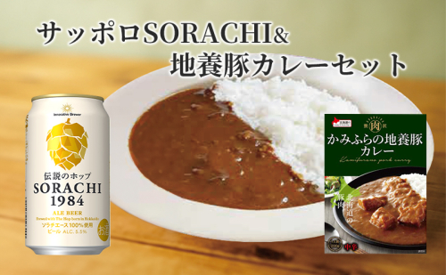 缶ビール(SORACHI1984)8缶＆地養豚カレー4箱セット 北海道 上富良野町 ソラチ1984 地ビール ビール カレー 缶 サッポロビール サッポロ ギフト お酒 惣菜 レトルト インスタンスカレー ポークカレー  1181604 - 北海道上富良野町