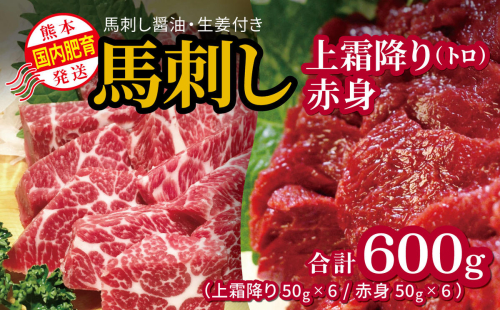 国内肥育 馬刺し 熊本発送 上霜降り（ トロ ） 300ｇ + 赤身 300ｇ 合計 600ｇ 馬刺し?油・生姜付き   | 熊本県 熊本 くまもと 和水町 なごみまち なごみ 馬肉 馬刺し 上霜降り 霜降り トロ 600g 冷凍 1200805 - 熊本県和水町