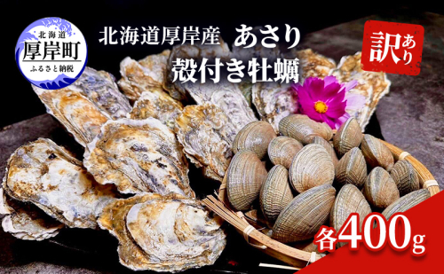 訳あり 北海道 厚岸産 あさり 殻付き牡蠣 各400g 魚貝類 海の幸 グルメ 大粒 肉厚 海鮮 オイスター 濃厚な甘み  1202044 - 北海道厚岸町