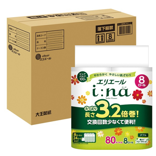 0015-10-14　エリエール i:na （イーナ） トイレットティシュー 3.2倍巻 ダブル 8R×4パック 32個 【ハーフケース】　80m 32ロール ダブル トイレットペーパー 1225716 - 静岡県富士宮市