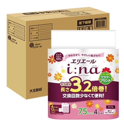 0016-10-05　エリエール i:na （イーナ） トイレットティシュー フラワープリント 3.2倍巻 ダブル 4R×8パック 32個 【ハーフケース】　75m 32ロール トイレットペーパー 1225724 - 静岡県富士宮市