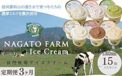 【定期便】3ヵ月連続でお届け！長門牧場アイスクリーム 15個セット バニラ チョコレート アイス ギフト スイーツ デザート 人気 おすすめ 高評価 お土産 ご当地 ひんやりスイーツ  1236018 - 長野県長和町