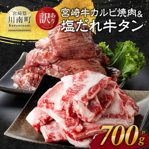 【訳あり】 宮崎牛カルビ焼肉＆塩だれ牛タン　計700g 【 肉 宮崎牛 カルビ 牛肉 牛たん たん 厚切り 塩ダレ 塩だれ タン 味付き BBQ 焼肉 焼き肉 焼くだけ おかず 簡単調理 】 1237669 - 宮崎県川南町