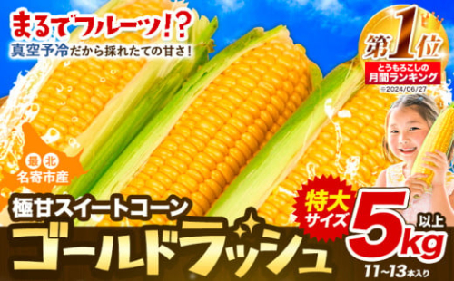 【先行予約】【特大】とうもろこし 極甘 スイートコーン 「 ゴールドラッシュ 」 5kg 以上 11～13本 特大 サイズ　来年分先行予約 受付中 【2025年8月上旬-9月中旬頃出荷】  特大 北海道 北海道 朝採れ 真空予冷 冷蔵 高糖度 夏野菜 
