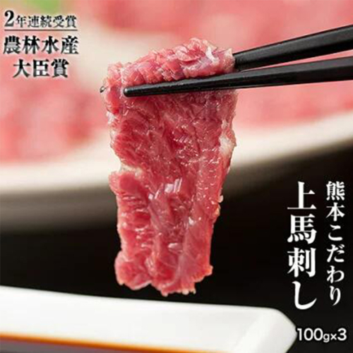 馬刺し 上赤身 ブロック 国産 熊本肥育 冷凍 生食用 たれ付き(10ml×3袋) 100g×3セット 肉 絶品 牛肉よりヘルシー 馬肉 平成27年28年 農林水産大臣賞受賞 熊本県長洲町《7月中旬-9月末頃出荷》 132771 - 熊本県長洲町