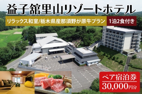 DP003　益子舘里山リゾートホテル　ペア宿泊券　30,000円分　リラックス和室　栃木県産那須野が原牛プラン　1泊2食付き 1357198 - 栃木県益子町