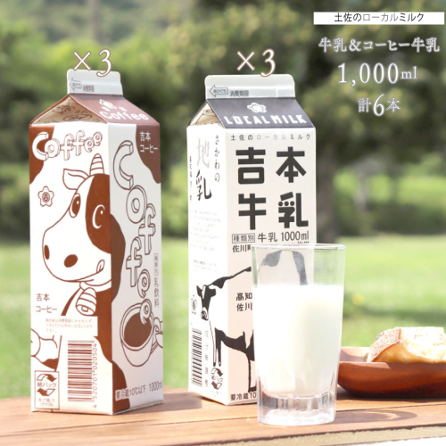 ＜吉本牛乳（さかわの地乳）・ 吉本コーヒー 各1L×3本 合計6本＞ 　　コーヒー牛乳 吉本乳業 高知県 佐川町 成分無調整 生乳100％ ぢちち NHKあさイチで紹介 ご当地牛乳 ご当地コーヒー牛乳 1360204 - 高知県佐川町