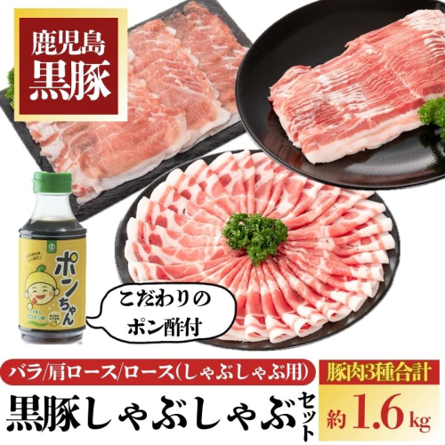 黒豚3種しゃぶしゃぶセット(合計約1.6kg) 黒豚バラ 肩ロース ロース こだわりポン酢1本付き【和田養豚】 1360373 - 鹿児島県肝付町