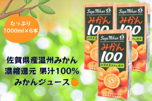 BJ016_【みかん100　6本】佐賀県産温州みかん みかんジュース 濃縮還元 国産 果汁100％ 1000ml 1L キャップ付き 1364162 - 佐賀県みやき町