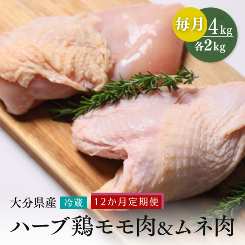 OA-08 【鶏モモ・むね肉 各2kg／12か月定期便】大分県産 ハーブ鶏 計48kg 業務用 冷蔵 配送 国産 九州 鶏肉 鶏もも ムネ 定期便 毎月 発送 12回 1365073 - 大分県豊後高田市