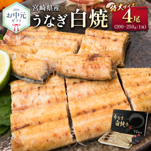 お中元対応「玄人の一品」うなぎ 白焼き ギフト 4尾（200～250g/1尾あたり）宮崎県産鰻 蒲焼きタレ付（50ml×2本）配送日指定可 国産 有頭 熨斗 贈答品【N67-25】 1368640 - 宮崎県新富町