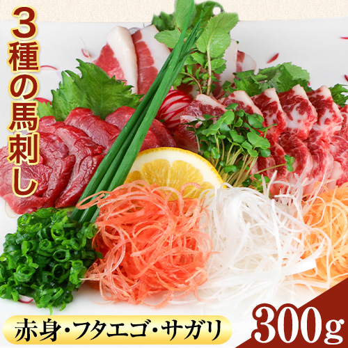 3種の馬刺し 赤身 フタエゴ サガリ 300g 各100g 醤油付き 5ml×2袋 長洲町L（桜屋）《30日以内に出荷予定(土日祝除く)》 熊本県 長洲町 馬肉 馬刺し 熊本県産 国産 1501432 - 熊本県長洲町