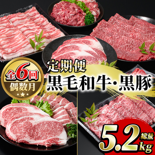 ＜定期便・全6回(偶数月)＞鹿児島県産黒毛和牛・黒豚定期便(総量約5.2kg)国産 九州産 鹿児島産 牛肉 国産牛 豚肉 サーロイン ステーキ 切り落とし 切落し カルビ 焼肉 焼き肉 焼肉セット 黒豚 バラ肉 すき焼き しゃぶしゃぶ 頒布会【スターゼン】akn042-28 155233 - 鹿児島県阿久根市