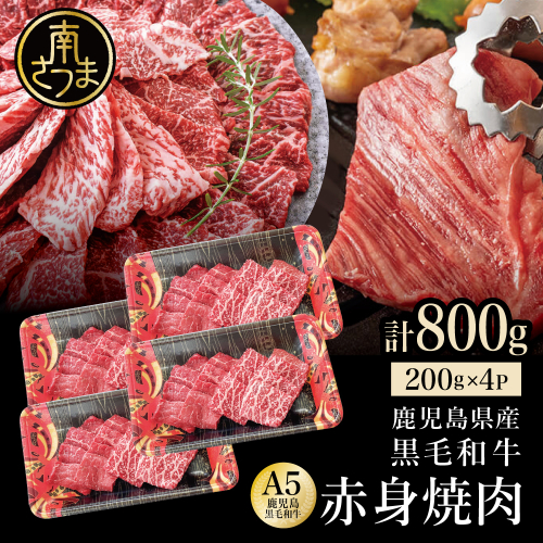 【訳あり】A5等級鹿児島県産 黒毛和牛 赤身 焼肉用 計800g（200g×4P） 数量限定 A5 A5ランク 肉 和牛 焼肉 焼き肉 牛肉 モモ BBQ 冷凍 南さつま市 カミチク 1576942 - 鹿児島県南さつま市