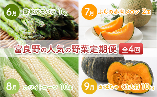 2026年夏～発送 富良野の人気の野菜 定期便 年4回  北海道 富良野産 とうもろこし メロン かぼちゃ 野菜 ふらの とうきび アスパラ かぼちゃ 美味しい 甘い  1585856 - 北海道富良野市