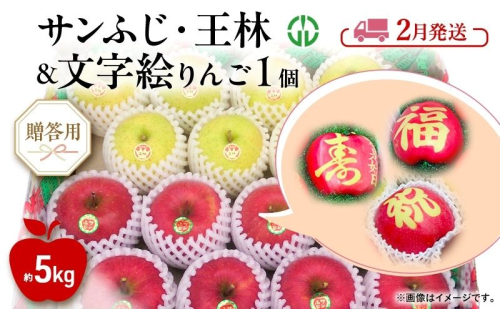 りんご 【 2月発送 】 贈答用 サンふじ ・ 王林 ＋ 文字絵入りりんご1個 約 5kg 1593036 - 青森県鶴田町
