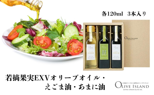 【 小豆島 】若摘果実EXVオリーブオイル・えごま油・あまに油 120ml 3本入 ギフトセット 小豆島 調味料 オイル 油 1713687 - 香川県土庄町