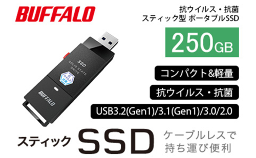 BUFFALO スティック型 SSD 250GB 抗ウイルス 抗菌 家電 電化製品 ポータブル USB テレビ パソコン PC周辺機器 パソコン周辺機器 外付けドライブ 録画 録画用 持ち運び コンパクト 軽量 スティック バッファロー 愛知 愛知県 日進市 171889 - 愛知県日進市