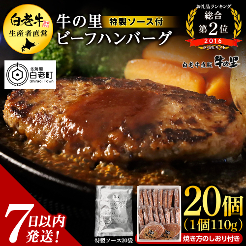 牛の里ビーフハンバーグ（110g×20個）特製ソース（20袋）の詰合せ 188982 - 北海道白老町