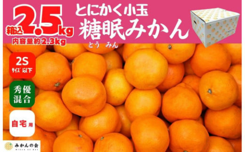 ［先行予約］熟成 みかん とにかく 小玉 箱込2.5kg ( 内容量 2.3kg ) 2Sサイズ以下 秀品 優品 混合 有田みかん 和歌山産 産地直送 家庭用 【みかんの会】 1981041 - 和歌山県有田川町