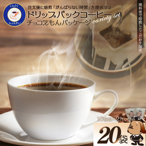 理科室で焙煎！こだわりの煎りたて珈琲　チョコえもんパッケージ【ドリップバッグコーヒー10種×2パック（20杯分）】　【04324-0342】 2002982 - 宮城県川崎町