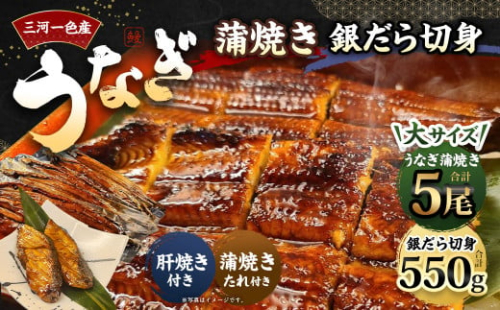 三河一色産 うなぎ蒲焼き 大5尾 + 銀たら 照り焼き 5切れ 蒲焼きたれ セット 簡単調理 冷凍 2017510 - 愛知県幸田町