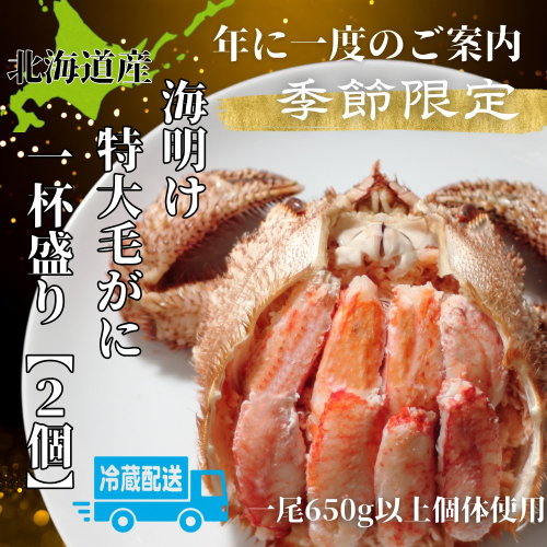 72-18 【北海道産】特大海明け毛がに一杯盛り約650g以上の毛がに2尾使用【期間限定5月19日まで受付予定】(冷蔵便)｜無添加 かに 毛がに かにみそ 高品質 2034343 - 北海道紋別市