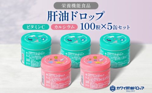 肝油ドロップ 100粒 5缶セット 計500粒 ビタミンC 3缶 カルシウム 2缶 栄養機能食品 肝油 ドロップ ビタミン 水なし ゼリー 河合薬業株式会社 飴 アメ セット 子ども 高齢者 教育機関 定番製品 2034408 - 埼玉県嵐山町