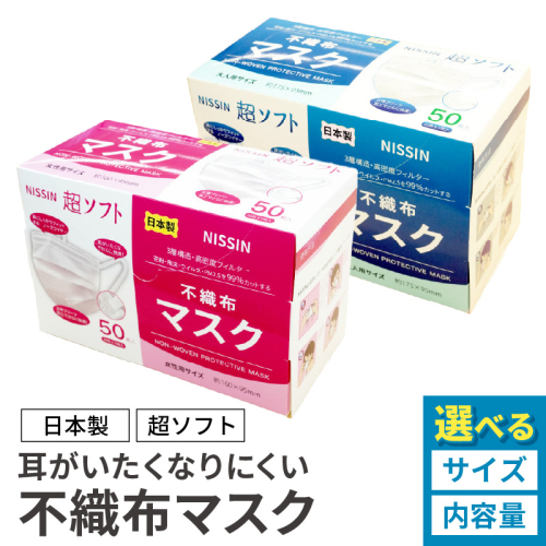 超ソフト 耳がいたくなりにくい不織布マスク（日本製） 200枚入（50枚入（10枚×5袋）4箱セット）【女性用サイズ/大人用サイズ】［169N03］ 2034769 - 愛知県小牧市
