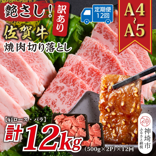 【12か月定期便】訳あり！艶さし！【A4～A5】佐賀牛焼肉切り落とし(肩ロース・バラ) 1kg(500g×2P)×12回【肉 牛肉 ブランド牛 黒毛和牛 ふるさと納税】(H112243) 2035366 - 佐賀県神埼市