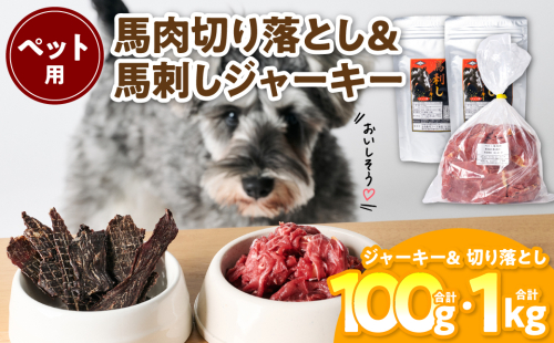 ペット用 馬肉切り落とし1kg＆馬刺しジャーキー100g 馬肉 ペットフード 愛犬 ドッグフード おやつ 食事 ごはん 2037188 - 熊本県八代市