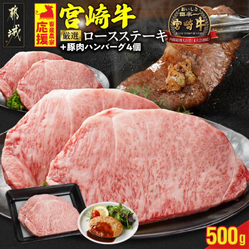 畜産農家応援! 宮崎牛ロースステーキ2枚 計500g+豚肉ハンバーグ&ウィンナー_16-N203-ESHW-CF 2069604 - 宮崎県都城市