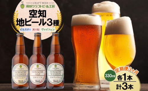 【3ヵ月定期便】滝川クラフトビール 空知地ビール 3種セット 3本 計9本 ビール 地ビール クラフトビール バーベキュー 飲み比べ 晩酌 宅飲み 家飲み アウトドア 送料無料 北海道 滝川市 2086373 - 北海道滝川市