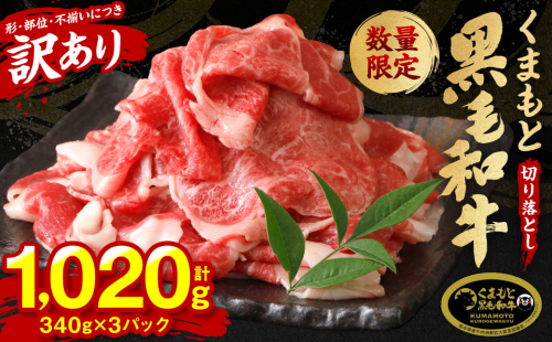 【訳あり】 くまもと黒毛和牛 切り落とし 1020g  340g×3 （ 黒毛和牛 牛肉 和牛 ブランド牛 ブランド和牛 訳あり牛肉 ブランド牛肉 牛肉切り落とし ブランド牛切り落とし 小分け 熊本県産 くまもと 国産 人気 毎月数量限定 ） 210887 - 熊本県八代市