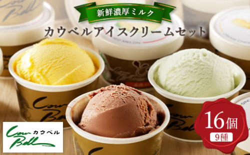  新鮮濃厚ミルク カウベル アイスクリームセット 9種 16個 _ アイス アイスクリーム ジェラート カップアイス スイーツ デザート 北海道 大樹町 人気 美味しい バニラアイス バニラ チョコ ミルク メロン 【1398012】