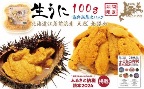 ＼2026年先行予約／北海道 江差前浜産 生うに 100g【天然・無添加・みょうばん不使用】令和8年　江差産キタムラサキウニ　日本海熊石産海洋深層水　塩水ウニ　素材を生かした自然の味　国産うに　雲丹　100グラムパック個包装