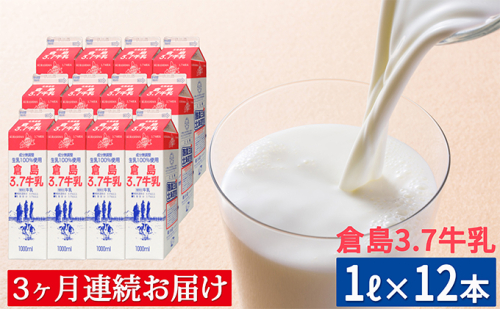 3ヵ月 定期便 【倉島3.7牛乳】 1L×12本セット 牛乳 ぎゅうにゅうミルク 生乳 乳 牛 飲料 健康 栄養 カルシウム [倉島乳業株式会社　仁木工場] 33902 - 北海道仁木町