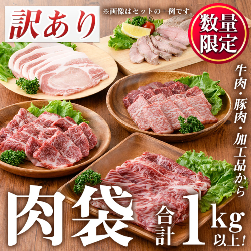 No.834 ＜訳あり・賞味期限間近＞お肉屋の肉袋！お楽しみ福袋(合計1kg以上！)国産 九州産 牛肉 黒毛和牛 和牛 豚肉 加工品 焼肉 焼き肉 スライス ステーキ ホルモン しゃぶしゃぶ 焼肉 食べ比べ セット キャンプ BBQ 訳あり 訳アリ 冷凍 福袋【カミチク】 359395 - 鹿児島県日置市