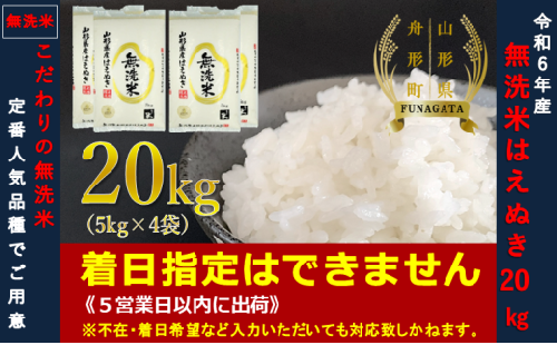 【令和6年産】はえぬき20㎏（5㎏×4袋）  無洗米