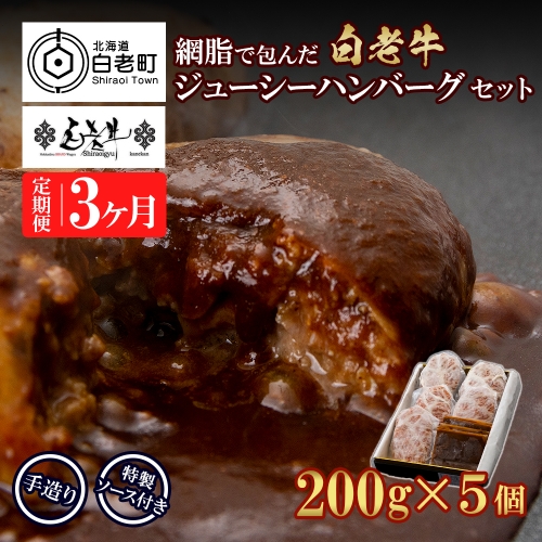 定期便3カ月 お楽しみ 白老牛 ジューシー ハンバーグ セット 5個 網脂 特製ソース 手造り 手ごね BY097 419631 - 北海道白老町