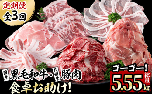 【定期便・全3回】国産黒毛和牛と九州産豚肉の食卓お助けゴーゴー定期便 計5.55kg t0037-002