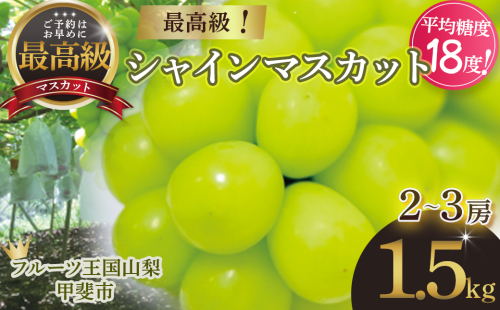 【2025年分発送】 最高級 シャインマスカット 2～3房 約1.5kg 先行予約 山梨県産 産地直送 フルーツ 果物 くだもの ぶどう ブドウ 葡萄 シャイン シャインマスカット 新鮮 人気 おすすめ 国産 贈答 ギフト お取り寄せ 山梨 甲斐市 AN-11 469300 - 山梨県甲斐市