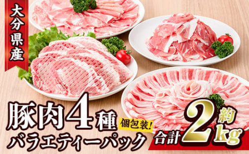 豚肉 バラエティーパック (合計2kg・4種)豚バラ しゃぶしゃぶ 鍋 とんかつ ロース 小分け 個包装 豚こま 小間切れ スライス セット 詰め合わせ 冷凍 食べ比べ 国産 大分県 佐伯市【BD104】【西日本畜産 (株)】